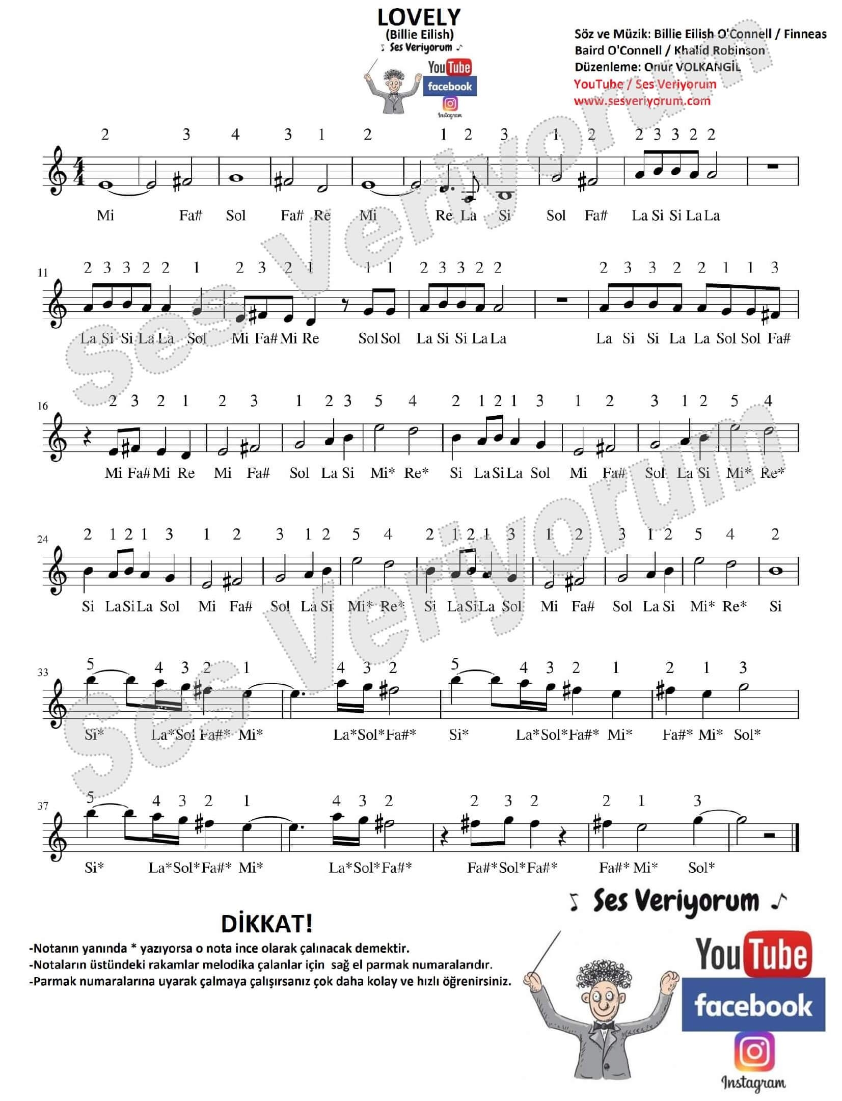 Billie Eilish Lovely Melodika Notaları ve Çalınışı Melodika ve Flüt