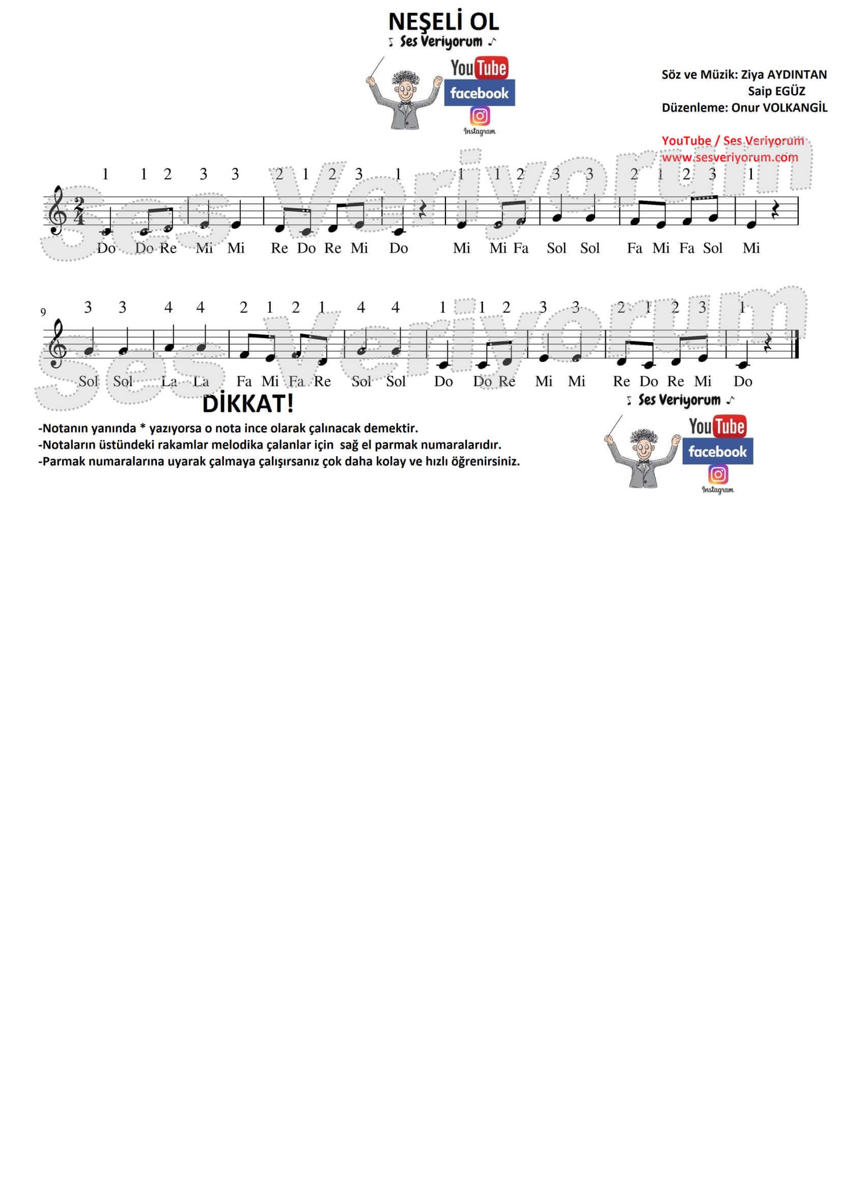 Neşeli Ol ki Genç Kalasın Melodika Notaları ve Çalınışı - Melodika ve Flüt  Notaları - Ses Veriyorum